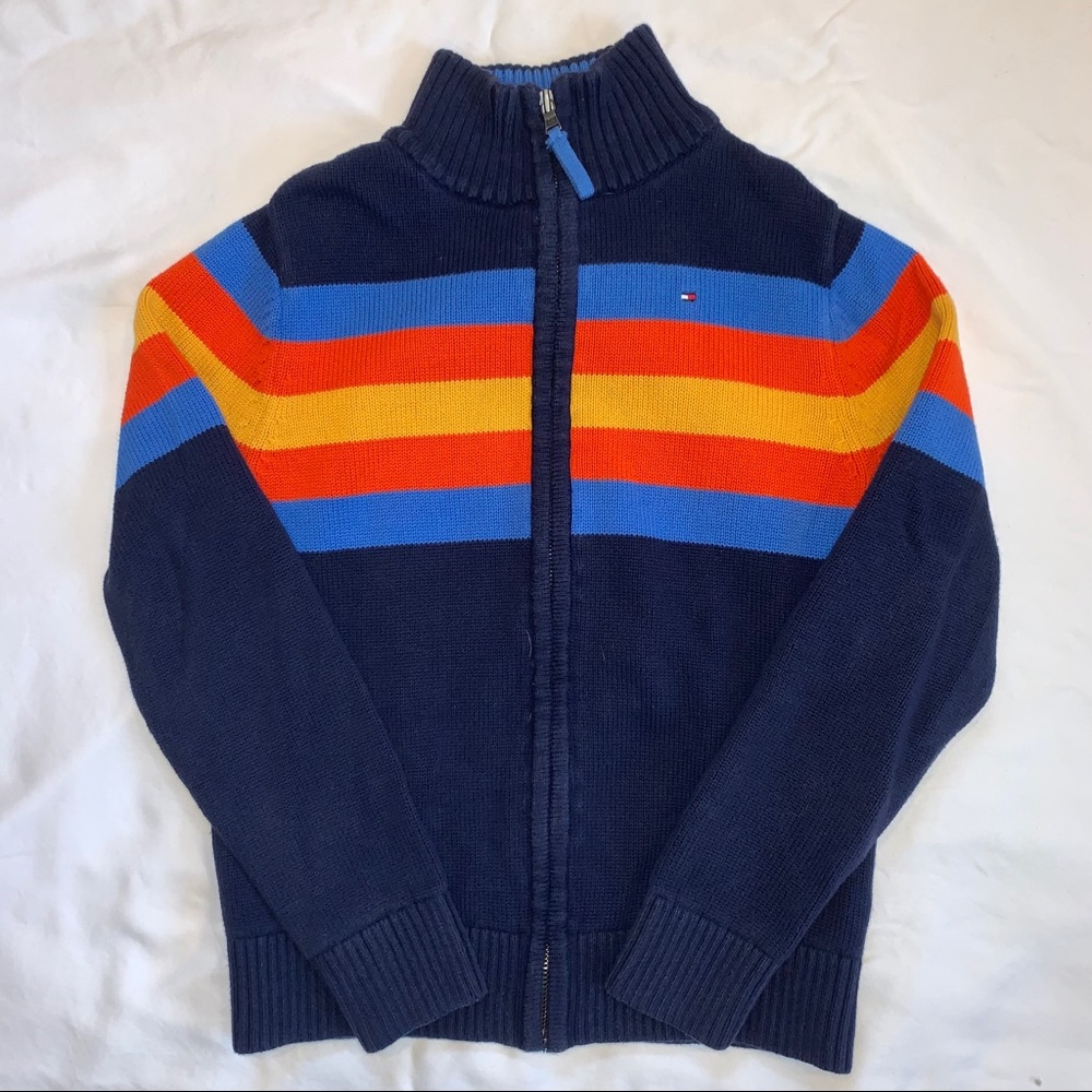 Tommy Hilfiger Boy’s Navy Zip Sweater w/ Blue, Orange & Yellow Stripes Size M